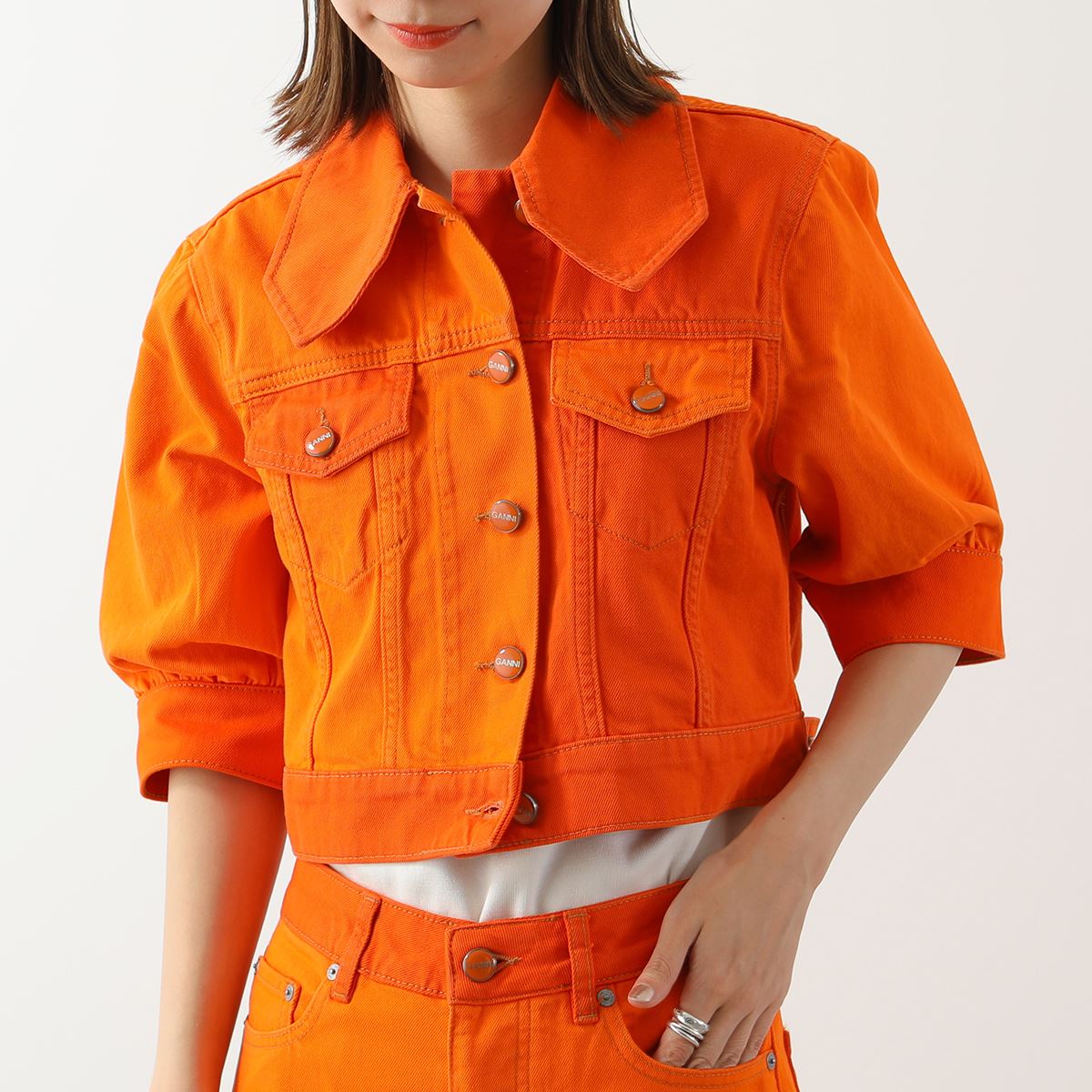 GANNI ガニー デニムジャケット Overdyed Cutline Denim Puff Sleeve Jacket J1164 6553 レディース ブルゾン パフスリーブ ショート丈 493/Orangeade