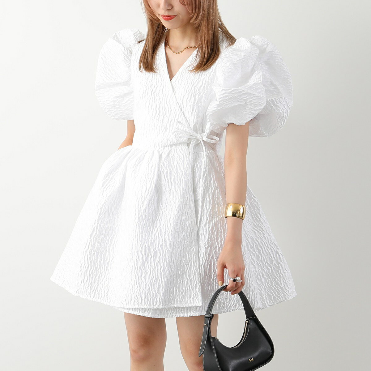 Sister Jane シスタージェーン ワンピース DRD368 MARIA JACQUARD WRAP DRESS レディース ラップドレス バルーンスリーブ チュニック リボンタイ フラワー WHT/Pearled-Ivoryのサムネイル