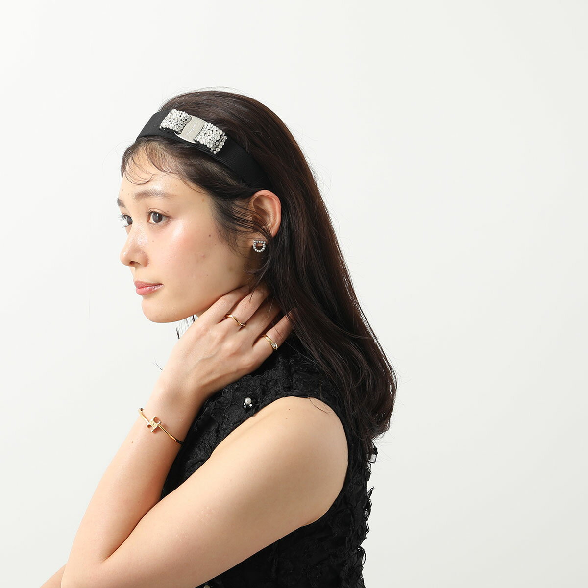 SALVATORE FERRAGAMO サルヴァトーレフェラガモ 34 2758 001 ヴィラリボン カチューシャ ヘアバンド ビジュー NERO+CRYSTAL レディース