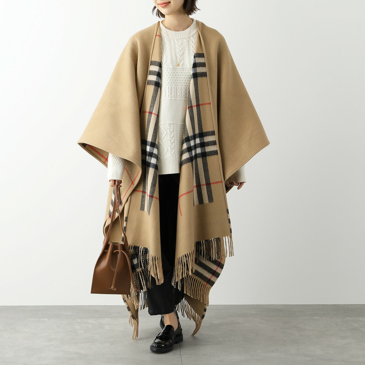 BURBERRY バーバリー ケープ ST LING GNT CHK BDR 8037498 レディース リバーシブル チェック ウール カシミア ポンチョ フリンジ A7026/ARCHIVE-BEIGEのサムネイル
