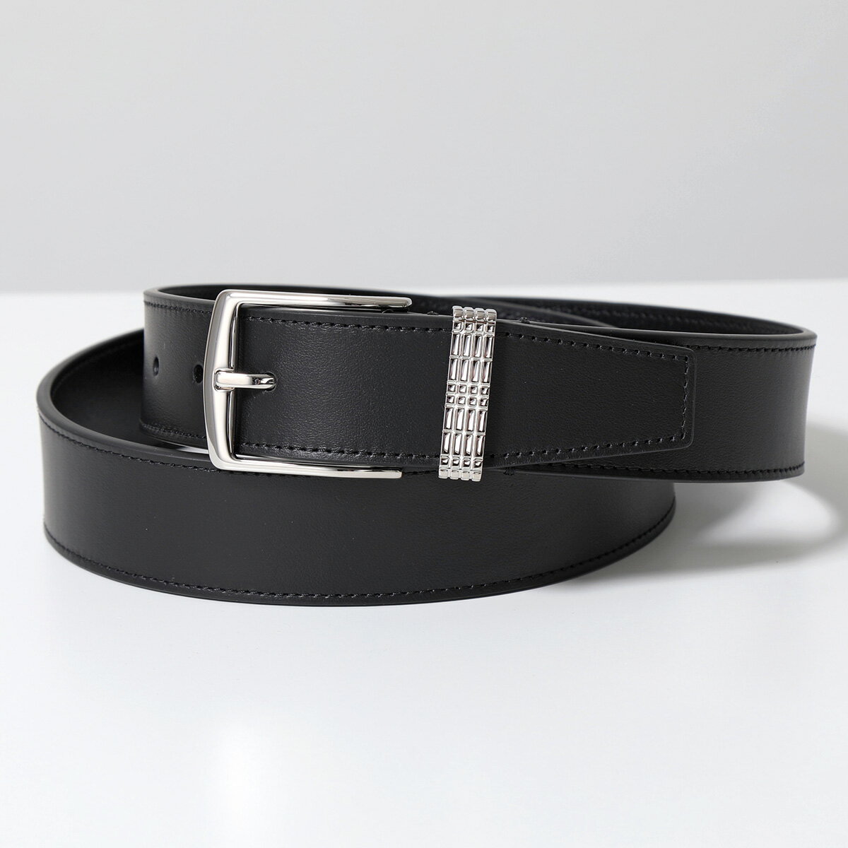 バーバリー ビジネスベルト（メンズ） BURBERRY バーバリー ベルト MB CHECK PIN BELT 35MM LGL 8065984 メンズ レザー スクエアバックル A1189/BLACK-SILVER【po_fivee】