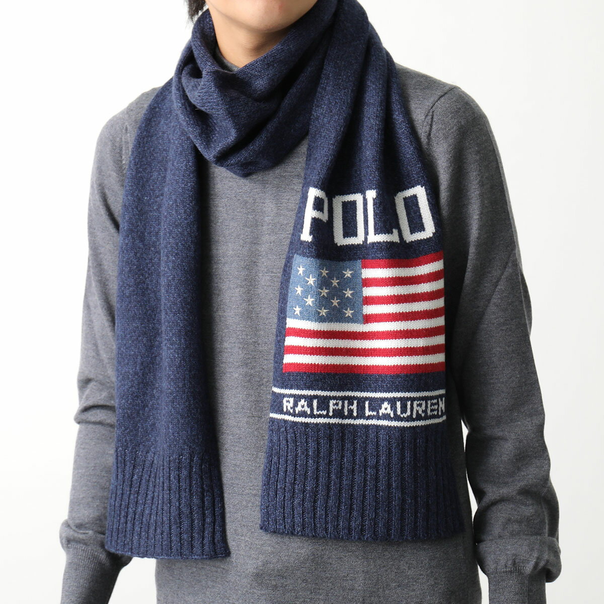 ラルフローレン マフラー（メンズ） Polo Ralph Lauren ポロ ラルフローレン マフラー BOLD FLAG SCARF PC1175 メンズ ストール ウールブレンド フラッグ ロゴ リブ 433