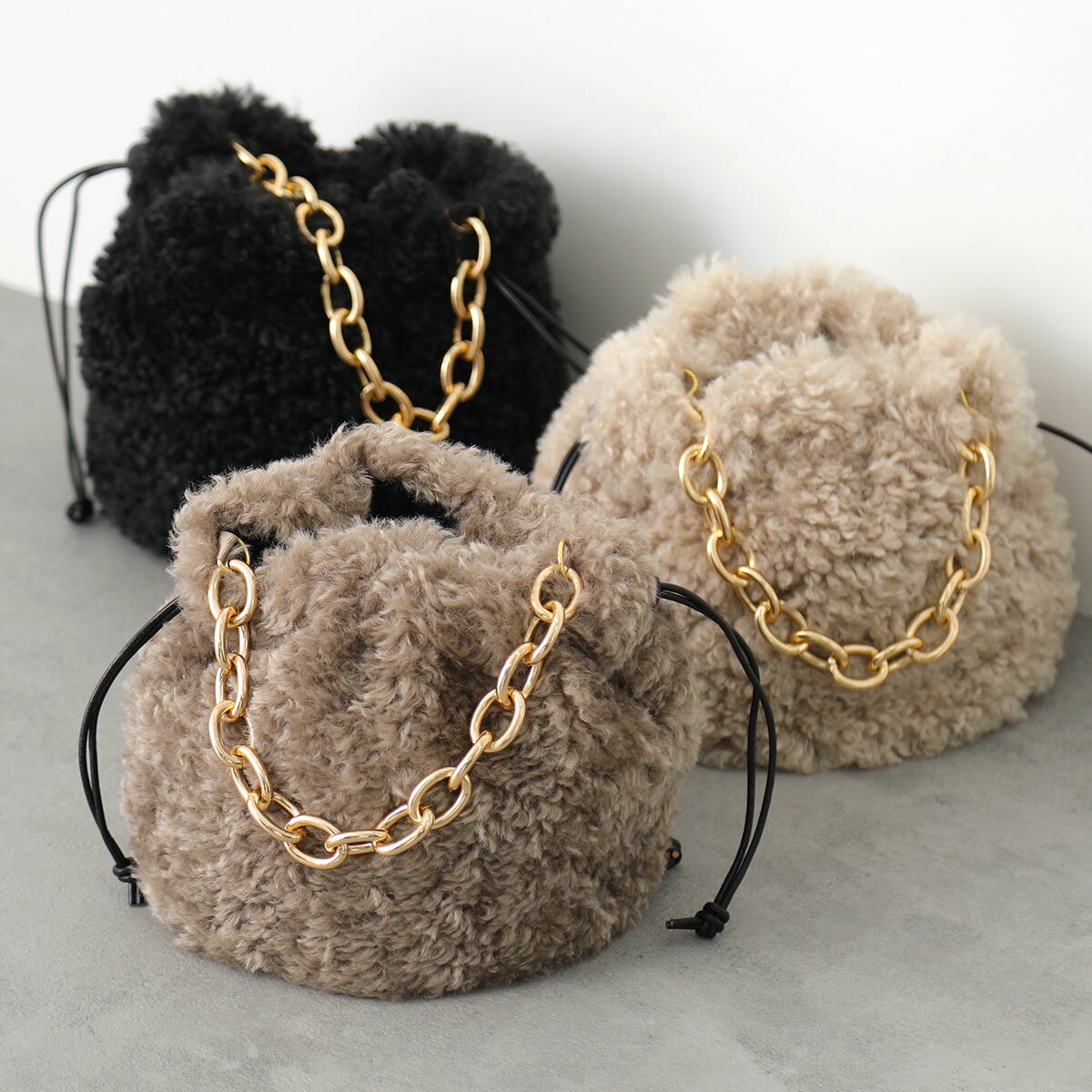 helen moore w[A nhobO DRAWSTRING BAG h[XgO obO CHUNKY CHAIN FAUX SHEEPSKIN fB[X V[vXL GRt@[ `F[ В  J[3F