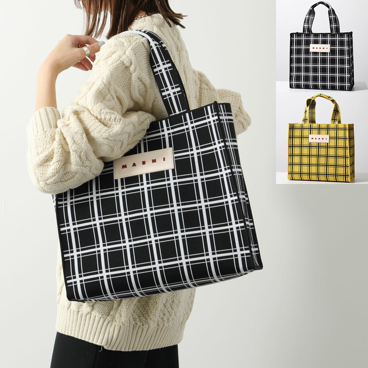 MARNI マルニ トートバッグ SHMP0109A0 P6053 レディース チェック柄 ラバーロゴ ショッピングバッグ ミニポーチ付き 鞄 カラー2色のサムネイル