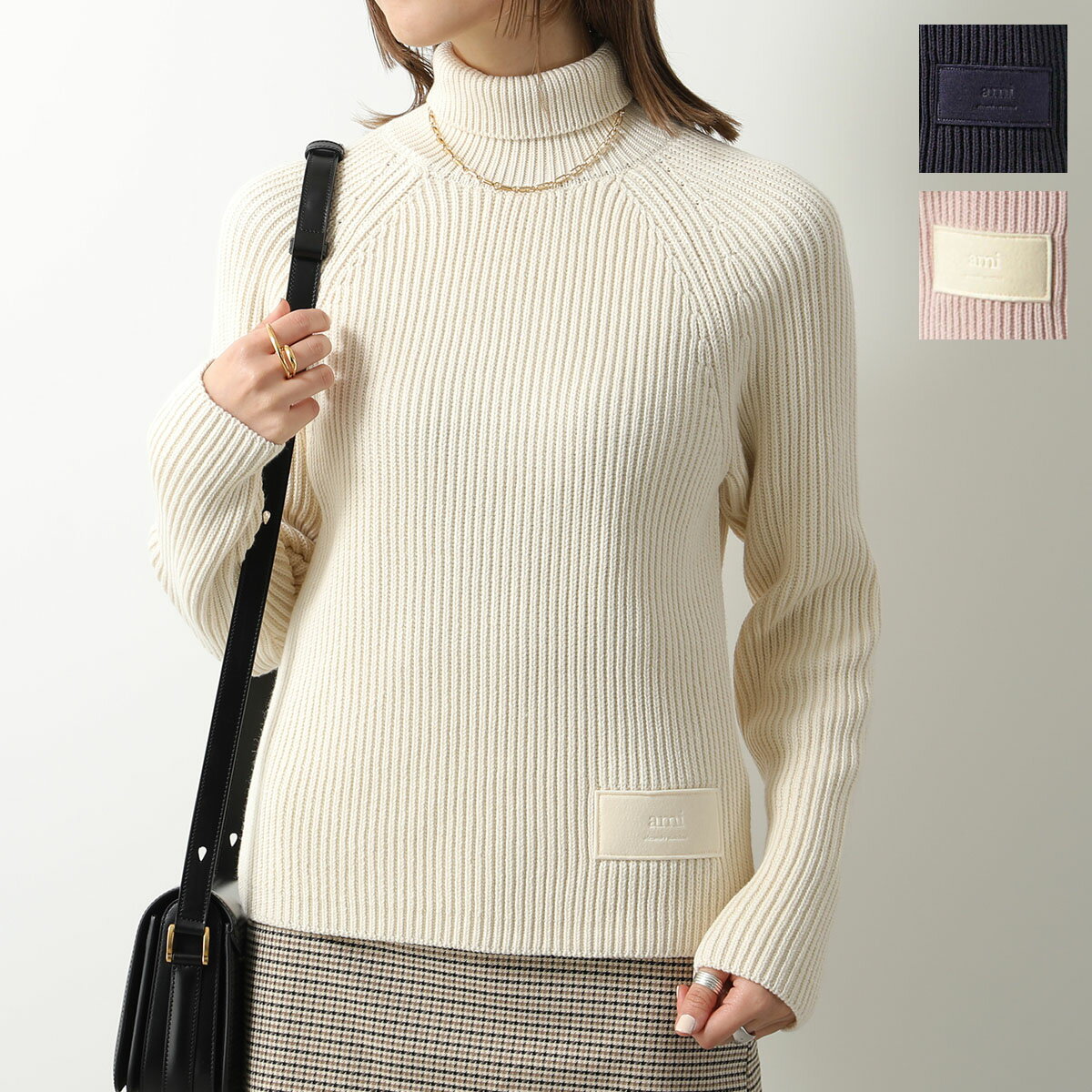 ami paris アミパリス セーター TURTLENECK WITH LABEL タートルネック ウィズ ラベル HKS424.KN0031 レディース ニット リブ ウールコットン ロゴパッチ カラー3色