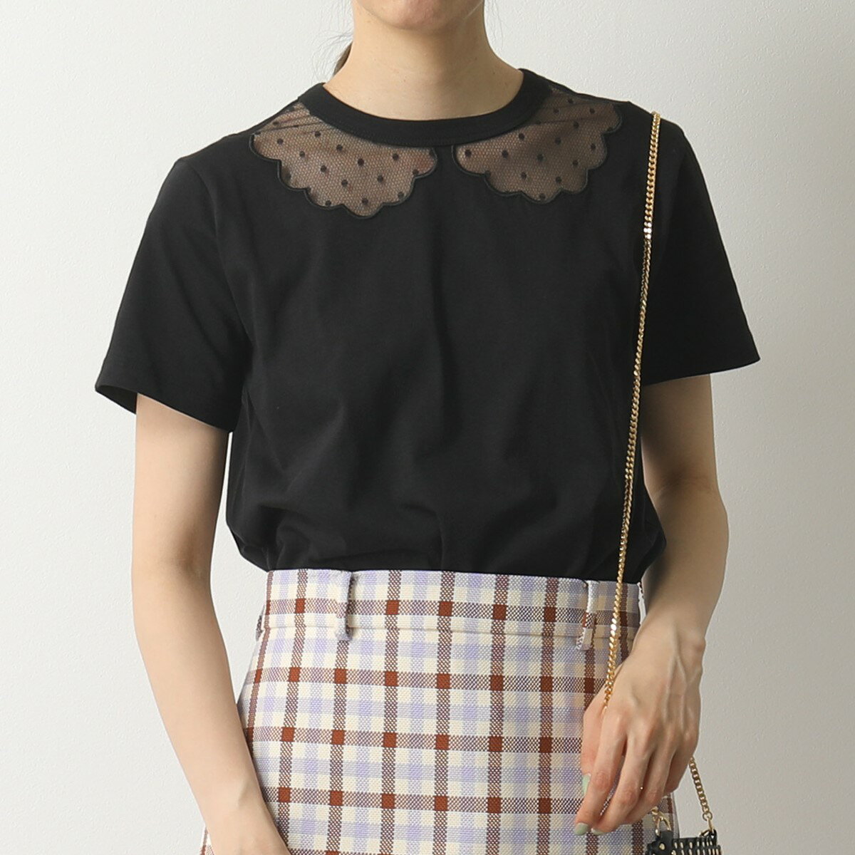 RED VALENTINO レッドヴァレンティノ TR3MG05J 4WR Tシャツ ドット柄シースルー 襟 カットソー 0NO/NERO レディースのサムネイル