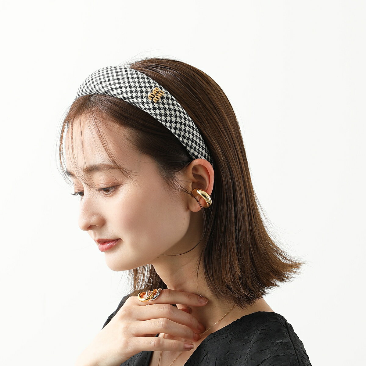 MIUMIU ミュウミュウ カチューシャ 5IH025 2F9H レディース ギンガムチェック ヘッドバンド ロゴ ヘアアクセサリー F0967/NERO+BIANCO