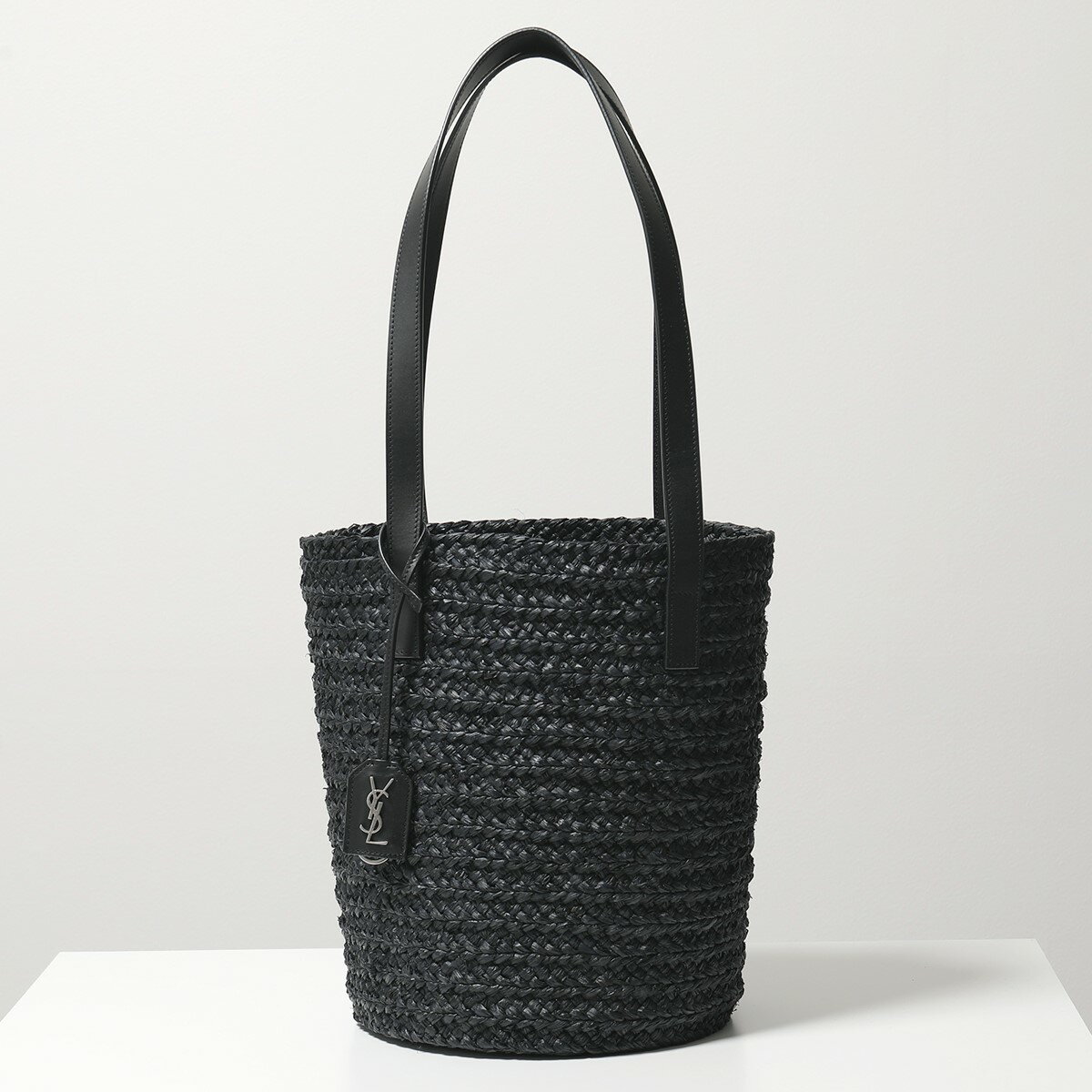 SAINT LAURENT サンローランパリ 579518 GQTHE 1000 スモール カサンドラロゴ かごバッグ ラフィア×レザー トートバッグ ハンドバッグ NERO-NERO 鞄 レディースのサムネイル