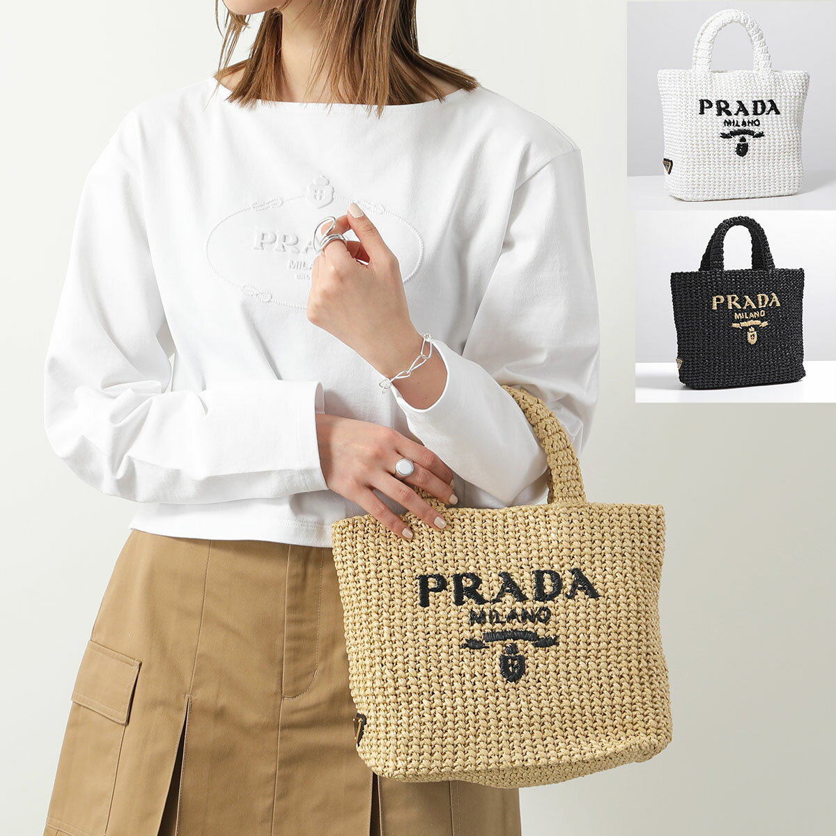 PRADA プラダ かごバッグ 1BG422 2C2T OOL レディース クロシェ カゴバッグ ハンドバッグ トートバッグ ジャガード ロゴ 刺繡 鞄 カラー2色