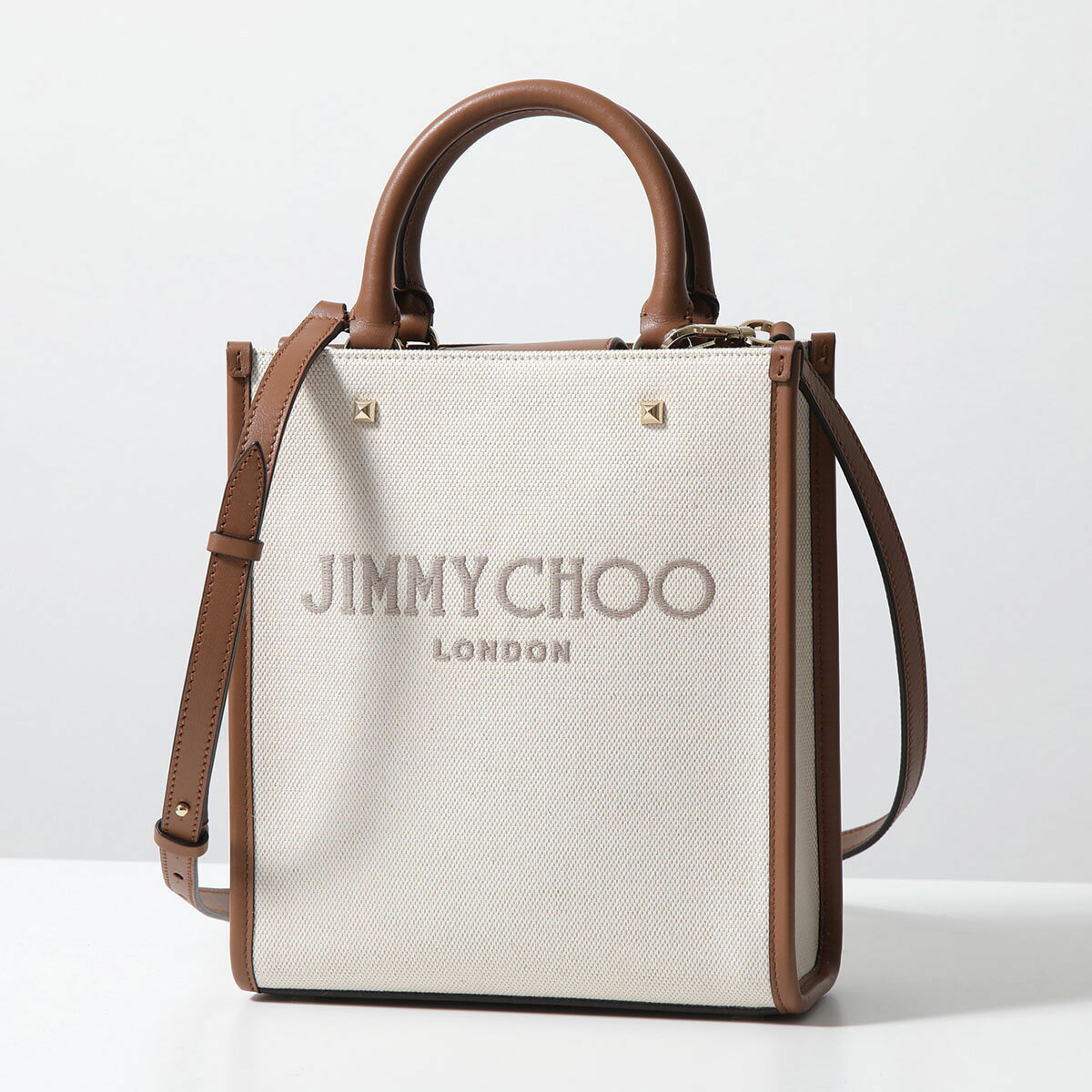 Jimmy Choo ジミーチュウ ショルダーバッグ AVENUE TOTE N/S LJJ アヴェニュー レディース キャンバス×レザー ハンドバッグ ロゴ 刺繍 NATURAL/TAUPE/DARK-TANのサムネイル