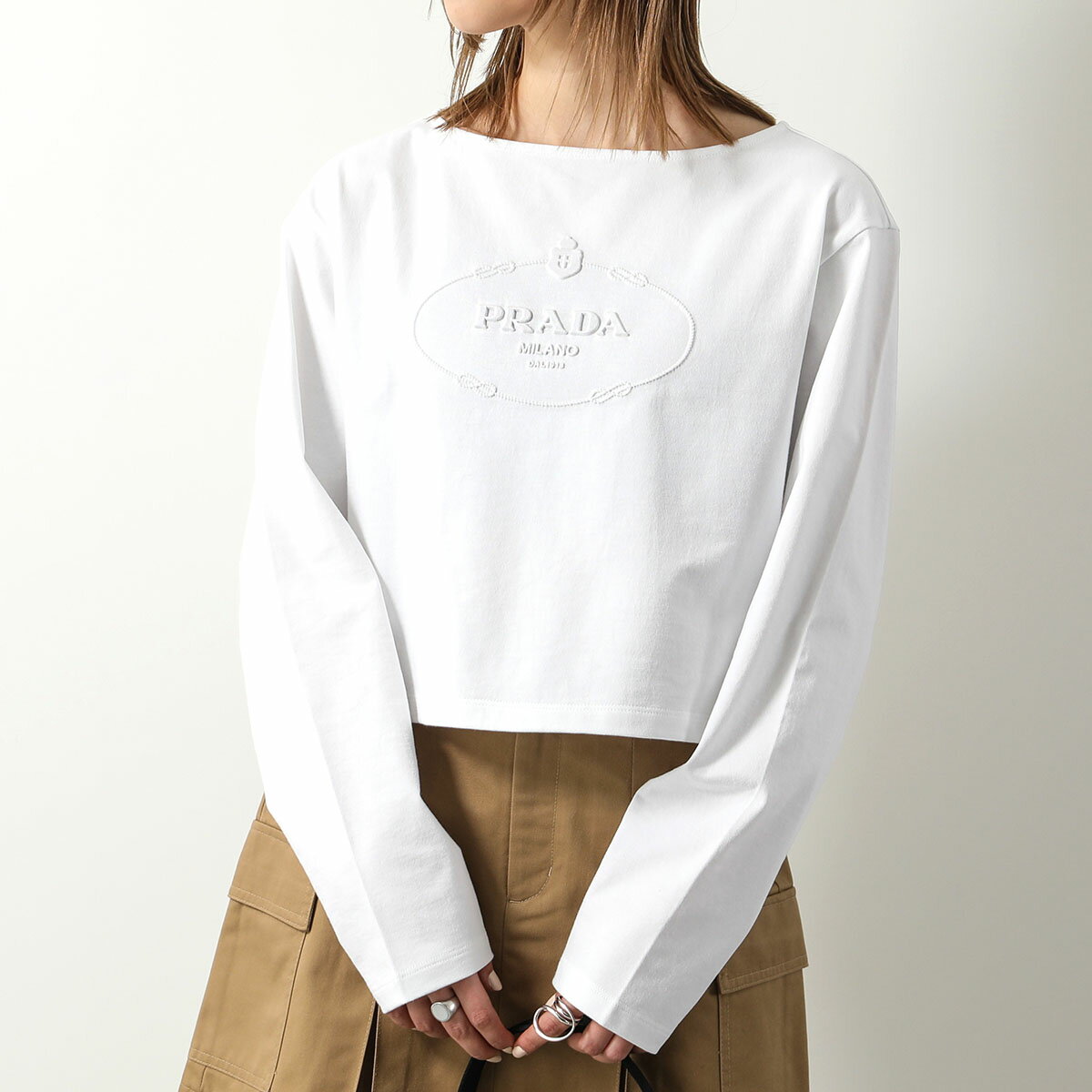 PRADA プラダ 長袖 Tシャツ 34658 14LQ レディース ロンT カットソー ボートネック コットン ロゴ ショート丈 F0009/BIANCO