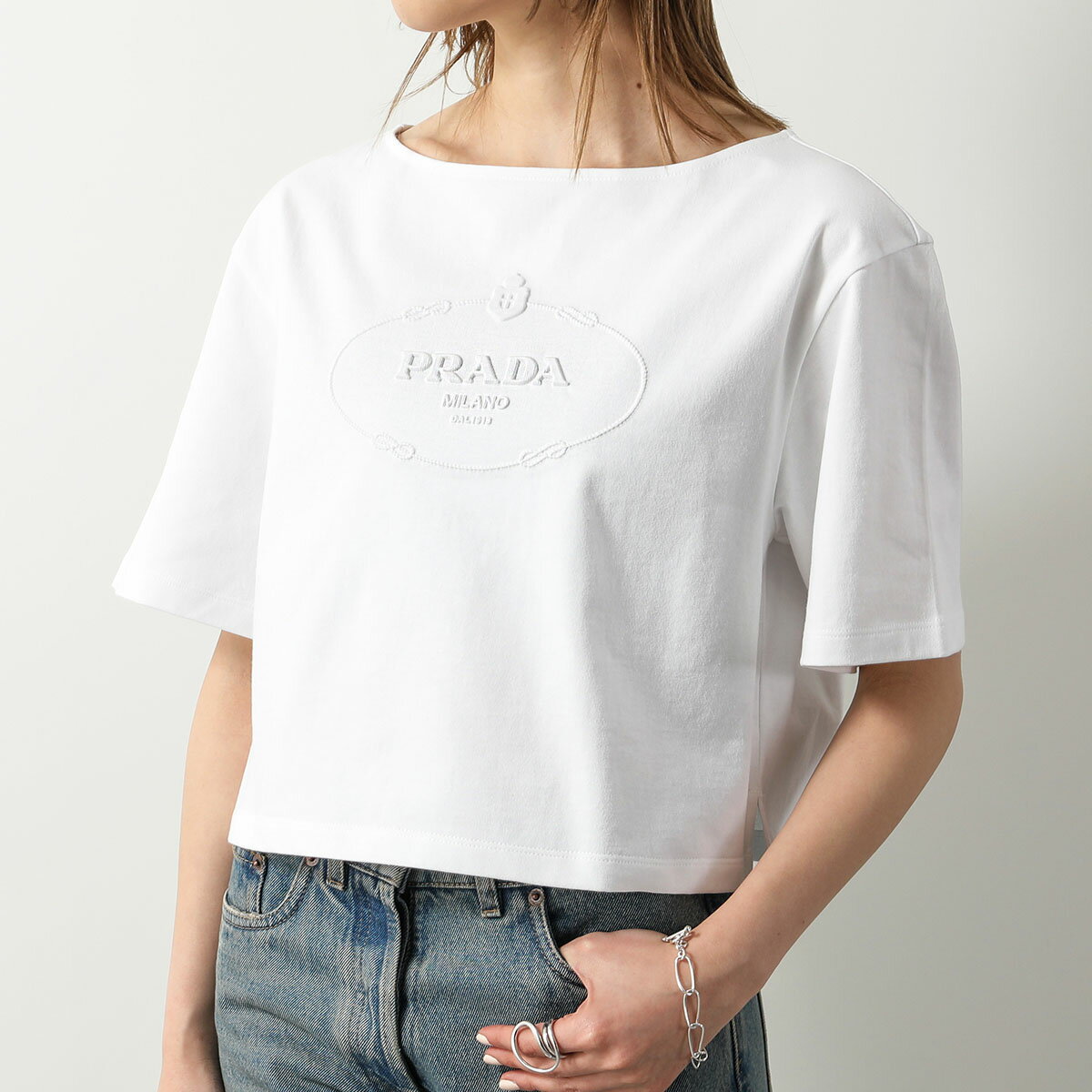 PRADA プラダ 半袖 Tシャツ 3546 B14LQ レディース カットソー ボートネック ロゴ ショート丈 コットン F0009/BIANCO【po_fifth】