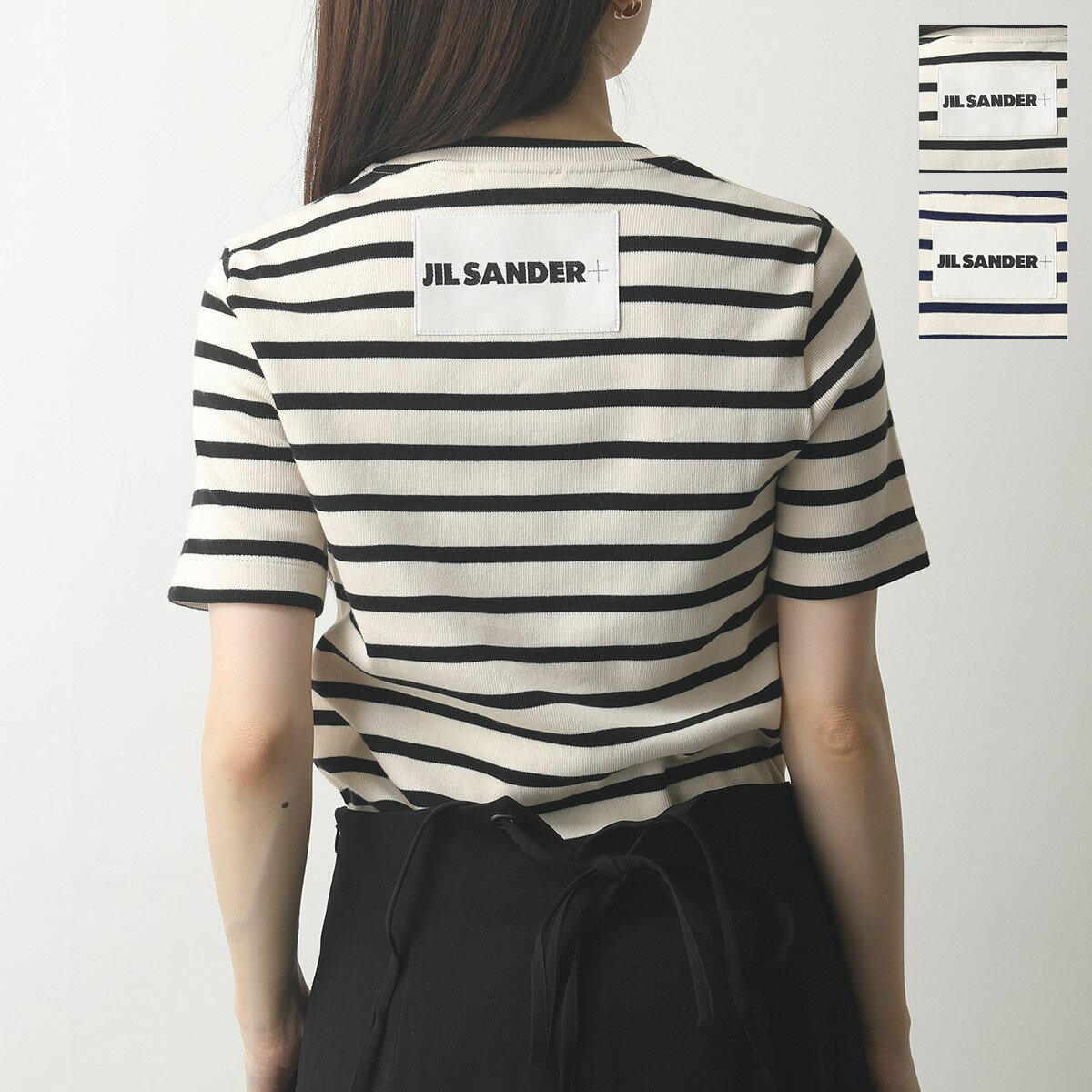 JIL SANDER ジルサンダー プラス Tシャツ J40GC0111 J46497 レディース クルーネック 半袖 リブ カットソー コットン ボーダー ロゴパッチ 080