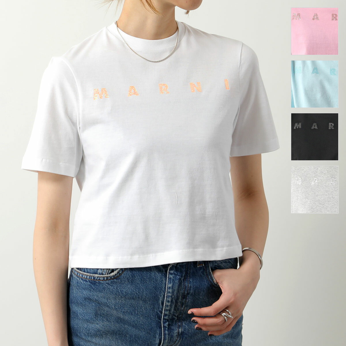 楽天インポートセレクト museeMARNI KIDS マルニ キッズ Tシャツ M01027 M00NE レディース ガールズ クロップド丈 半袖 カットソー ロゴT ラメロゴ クルーネック コットン カラー5色