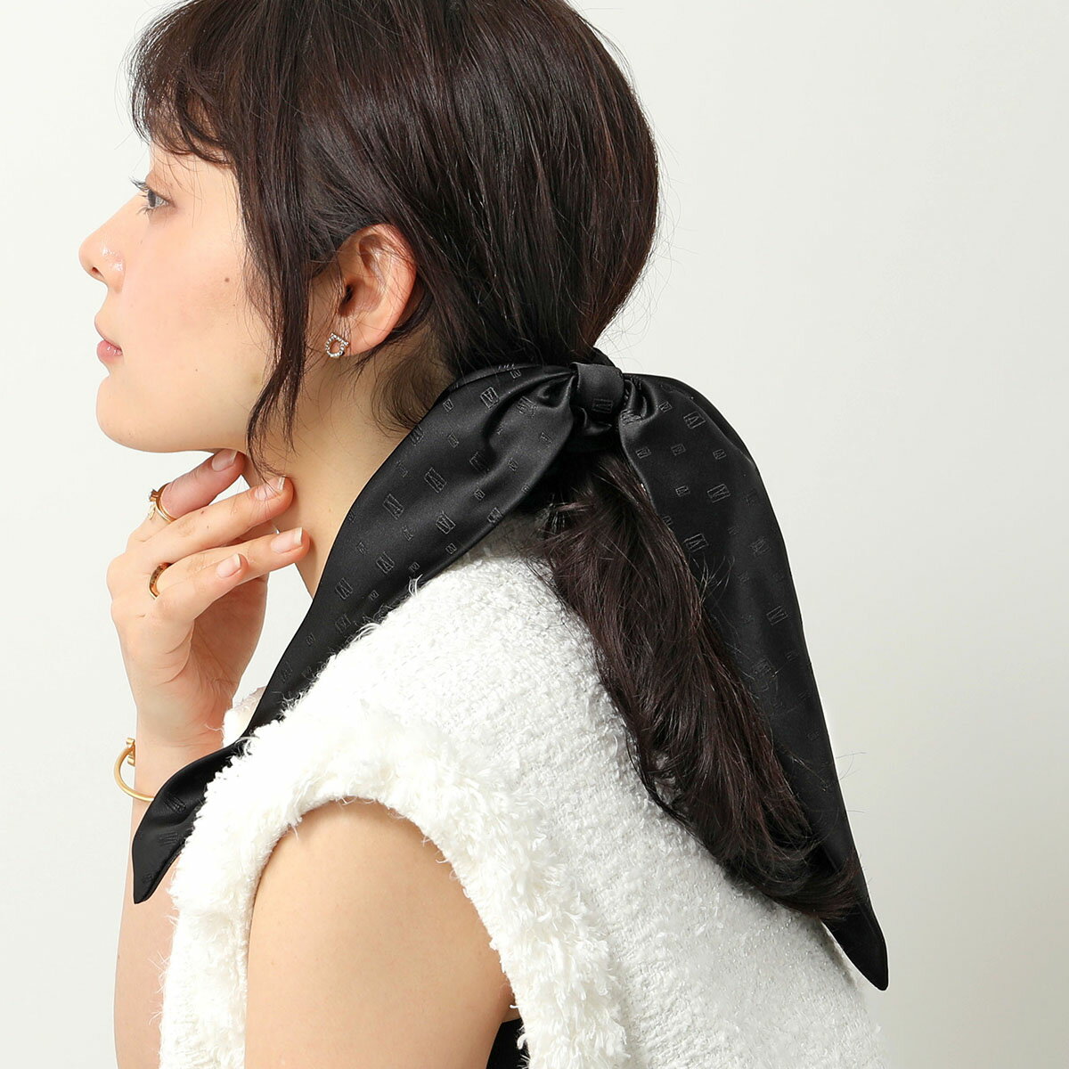ALEXANDRE DE PARIS アレクサンドル ドゥ パリ シュシュ TCHD-25T-A23 レディース シルク混 リボン ジャガードロゴ ヘアゴム N‐NOIR