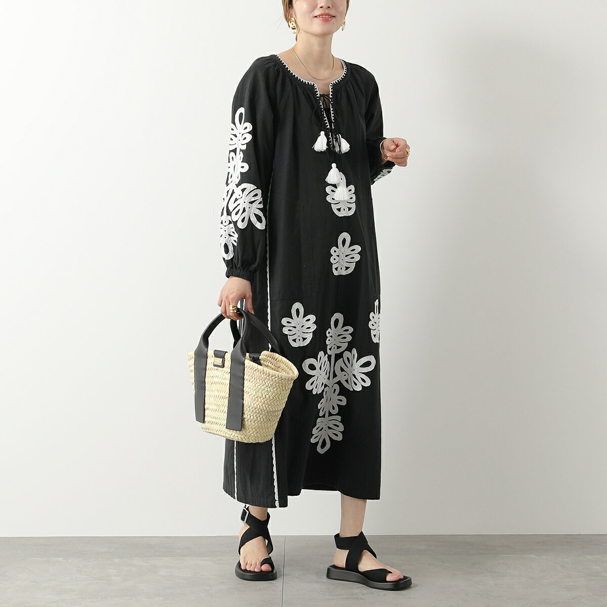 Sara mallika サラマリカ ワンピース 020441SE1 レディース コットン ロング丈 ボタニカル パッチワーク 刺繍 オーバーサイズ BLACK