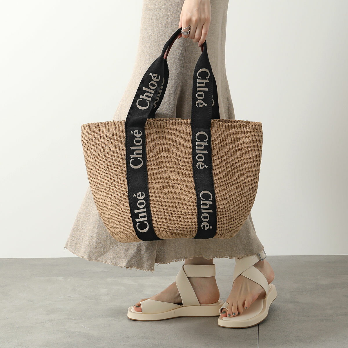 Chloe クロエ かごバッグ WOODY ウッディ CHC23AS380L18 レディース ラージバスケット トートバッグ ロゴ 鞄 915/BLACK-BEIGE1【po_fifth】