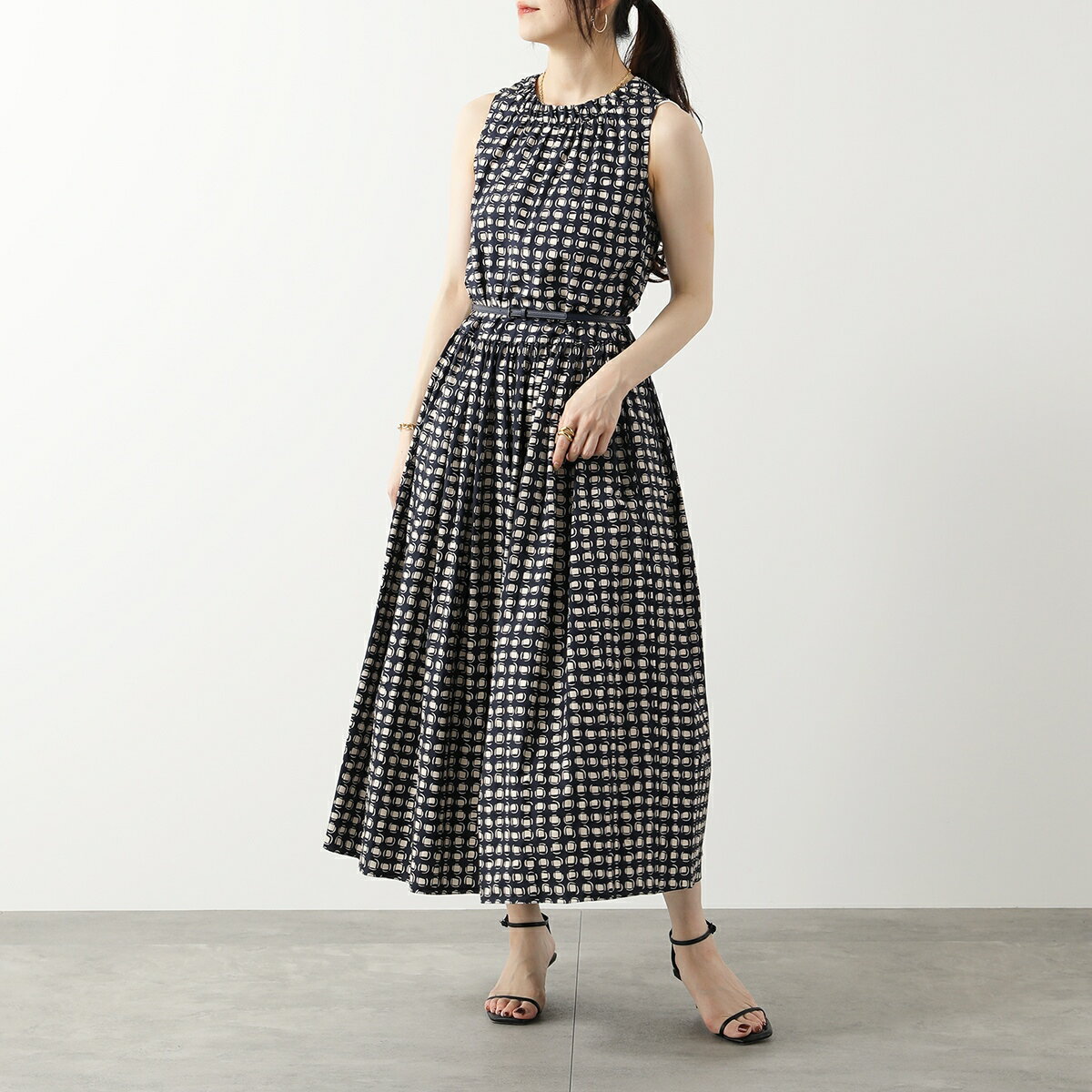 S MAX MARA エス マックスマーラ ワンピース GINA レディース プリント ピュアコットン ポプリン ドレス ノースリーブ ベルト付き 001のサムネイル