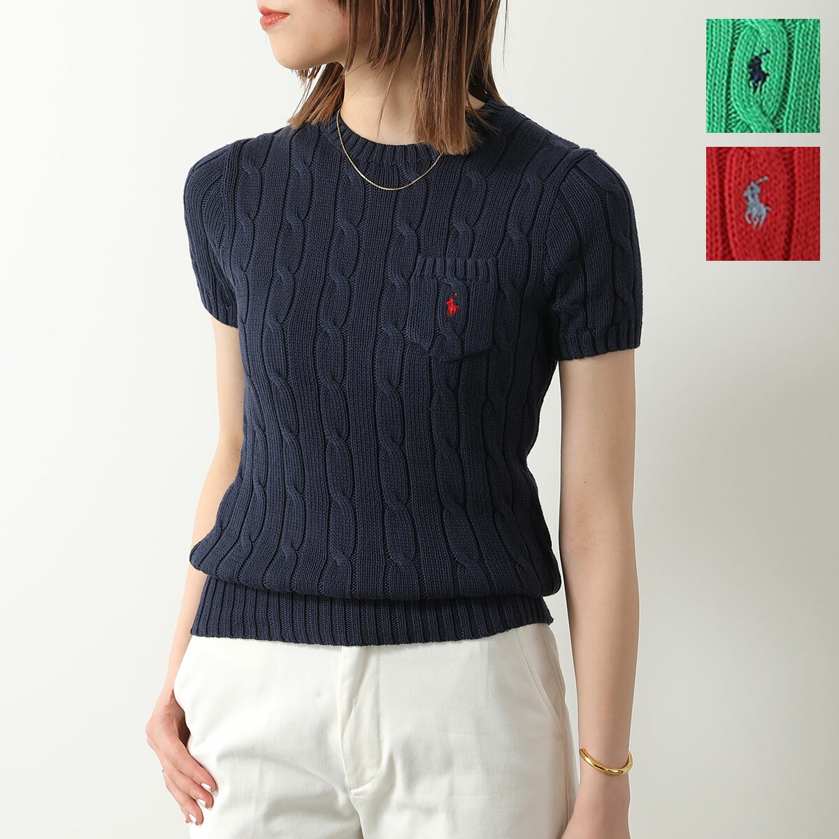 Polo Ralph Lauren ポロ ラルフローレン 半袖 ニット 211895379 レディース クルーネック ケーブルニット コットン 胸ポケット ポニー 刺繍 カラー2色