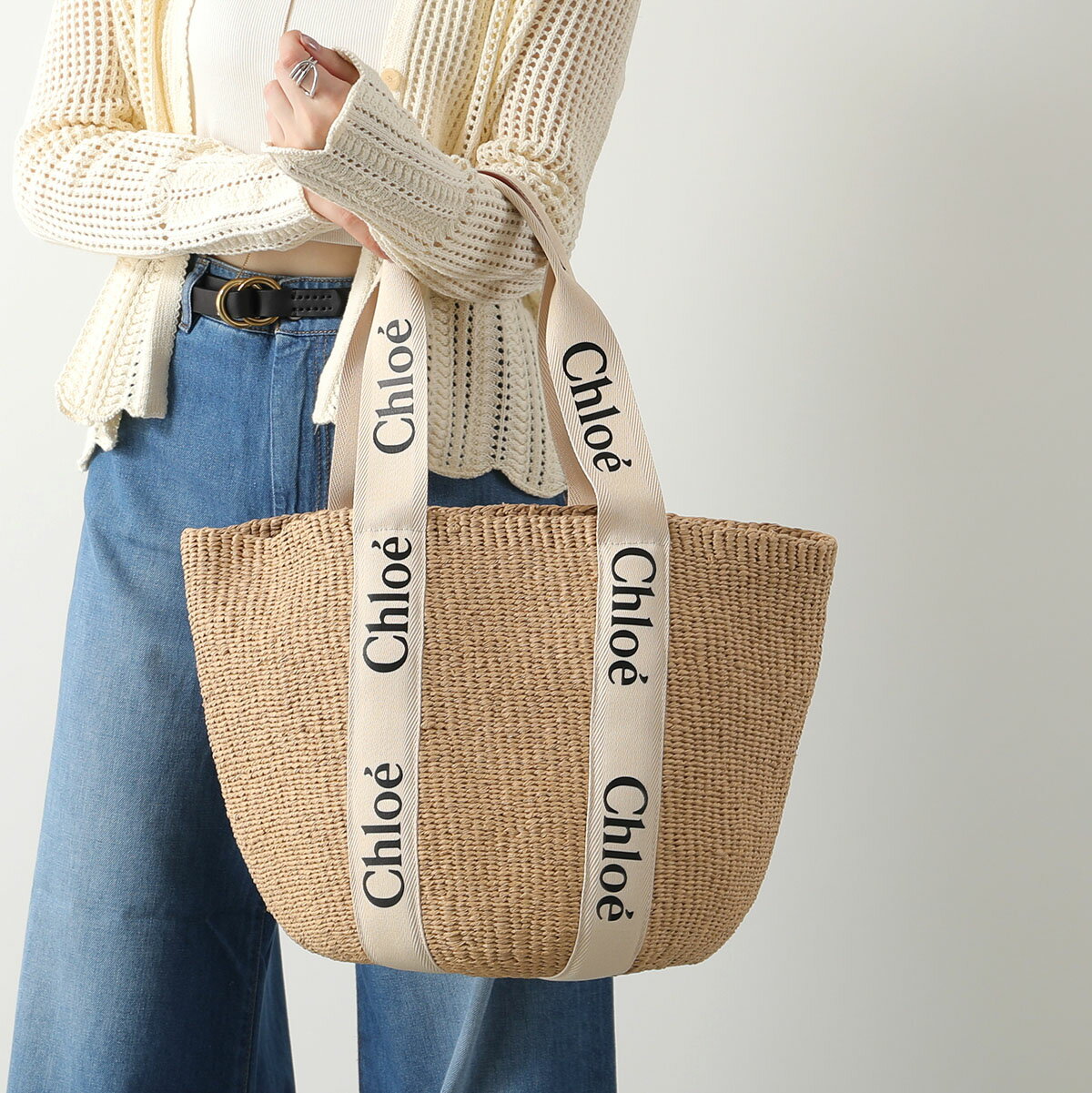 Chloe クロエ かごバッグ WOODY ウッディ CHC22SS380G55 レディース ラージバスケット トートバッグ ロゴ カゴバッグ 鞄 101/White