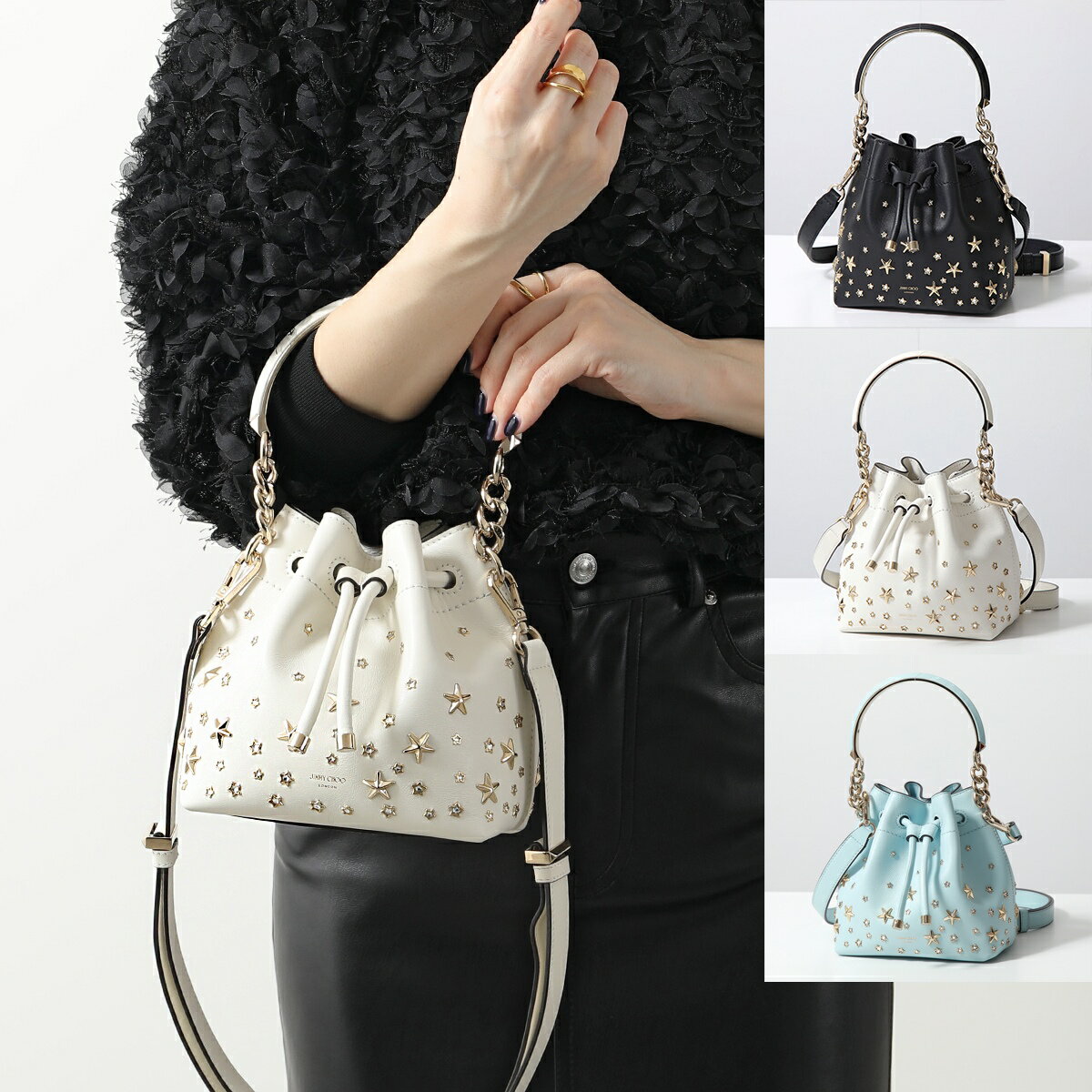 Jimmy Choo ジミーチュウ ショルダーバッグ BON BON BUCKET/S CZN ボンボン バケット レディース レザー スター スタッズ ハンドバッグ 鞄 カラー3色【po_saan】のサムネイル