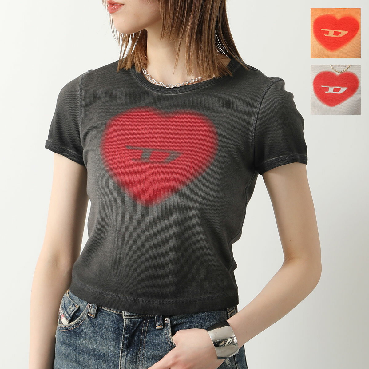 DIESEL ディーゼル Tシャツ T-ELE A12836 0SQAD レディース 半袖 クルーネック カットソー コットン リブ ストレッチ ロゴ ハート カラー3色のサムネイル