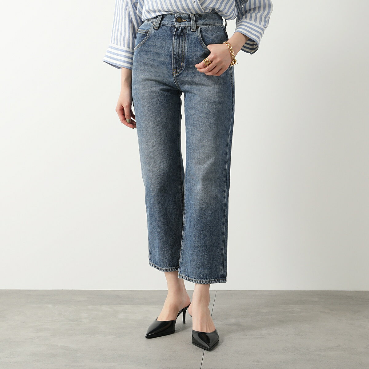 SAINT LAURENT サンローラン ジーンズ 635895 Y893V レディース デニムパンツ ジーパン ウォッシュ加工 クロップド丈 ストレート 4997のサムネイル