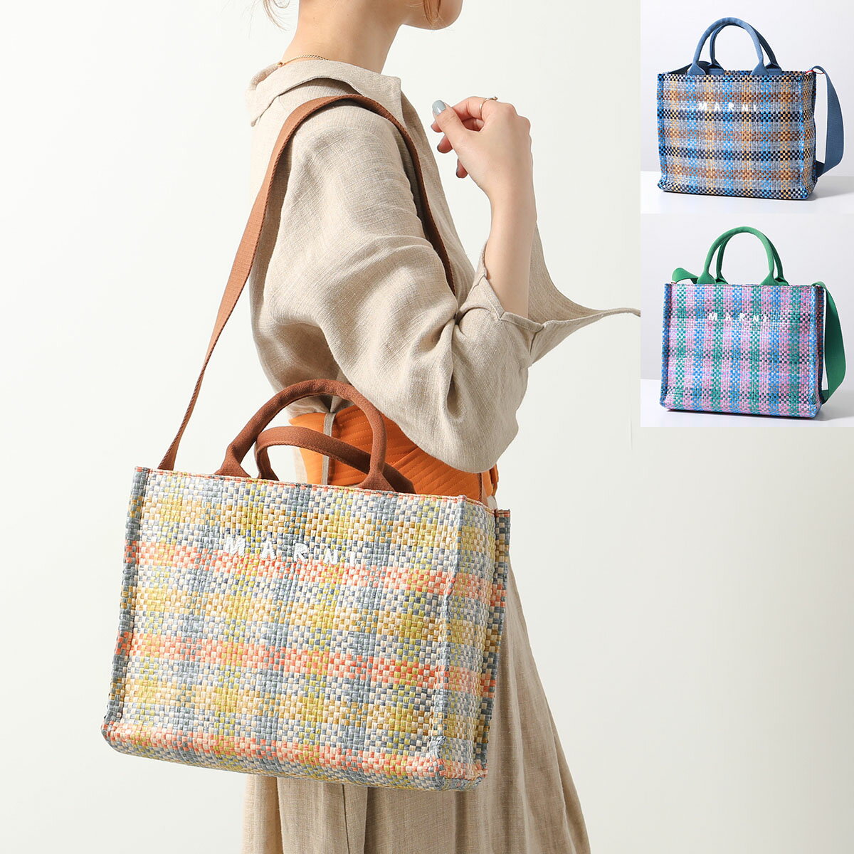 MARNI マルニ かごバッグ East-West SMALL TOTE SHMP0077U5 P6744 レディース スモール トート チェック ハンドバッグ ロゴ刺繍 鞄 カラー3色