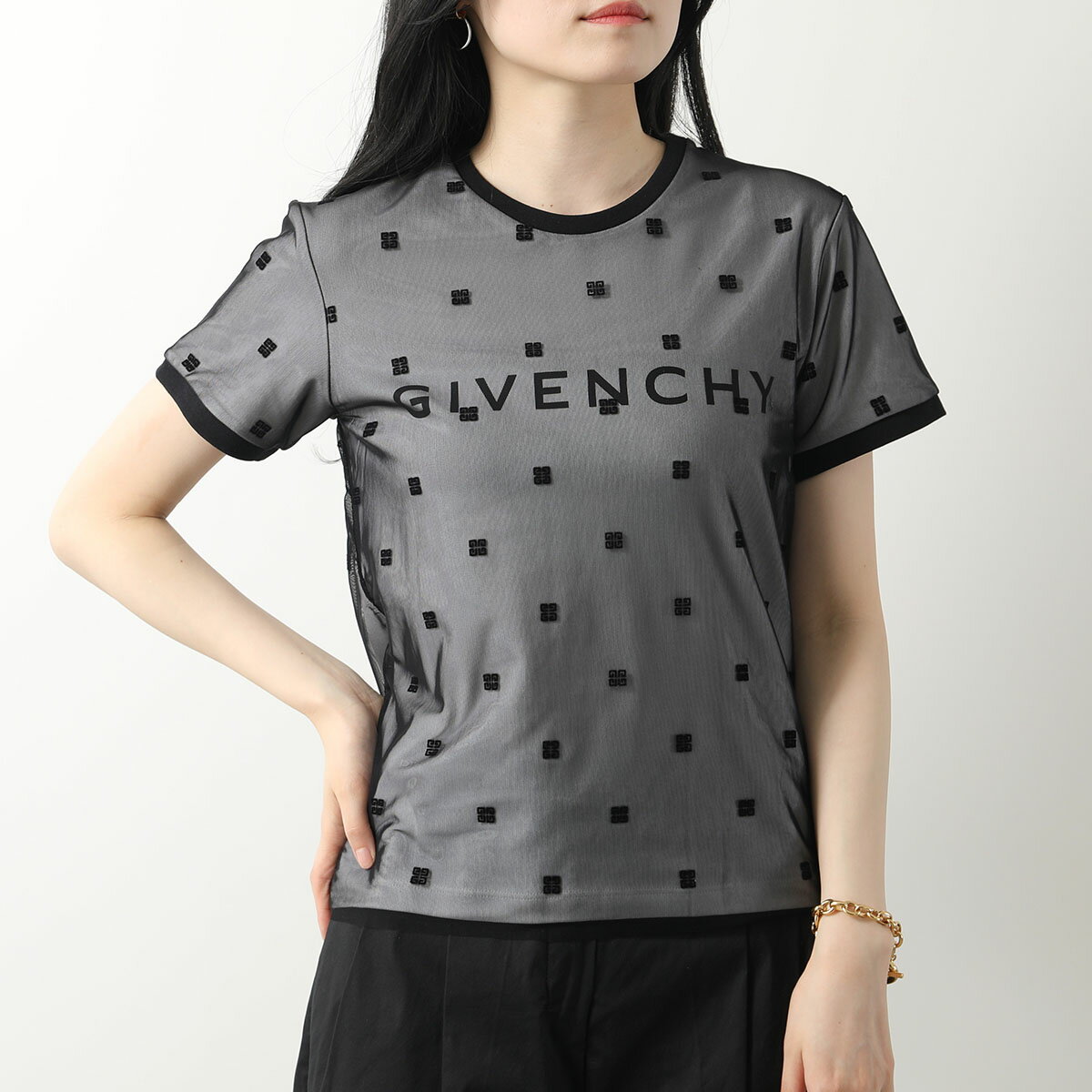 GIVENCHY KIDS ジバンシィ キッズ Tシャツ H30085 レディース ガールズ 4G ロゴT 半袖 カットソー クルーネック メッシュ 09B/BLACK