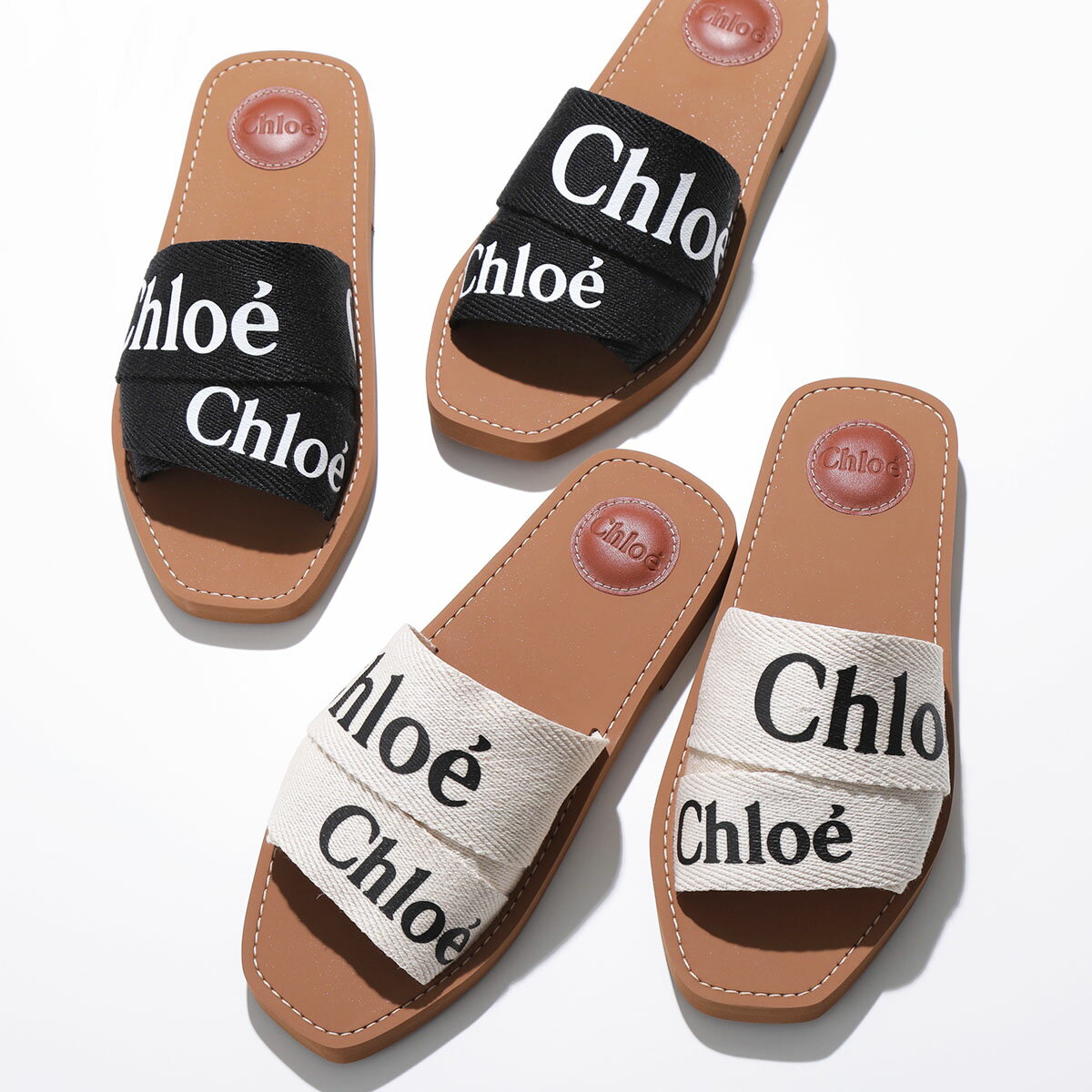 Chloe クロエ サンダル WOODY ウッディ CHC22U188Z3 レディース フラット ミュール ロゴバンド リネン 靴 カラー3色