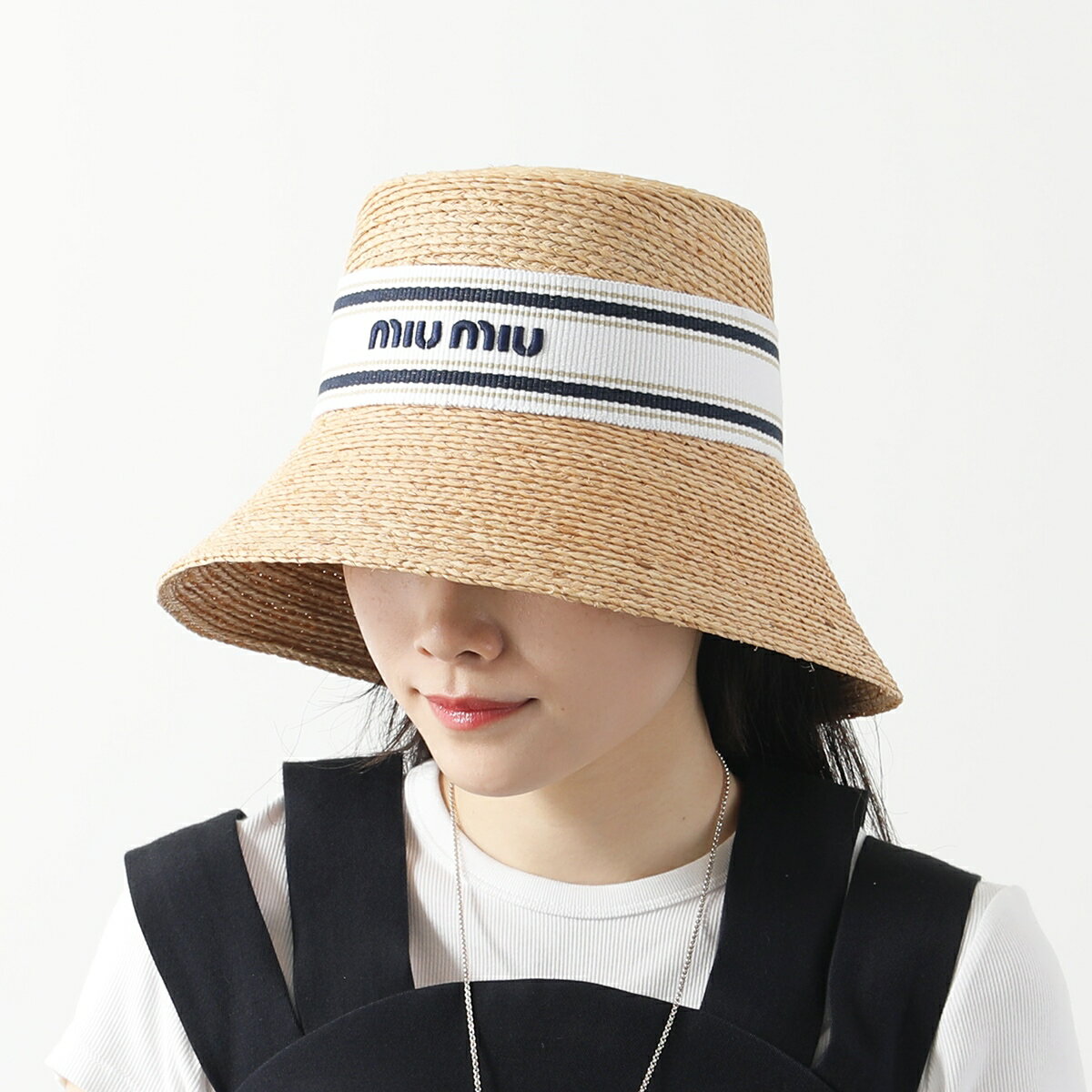 MIUMIU ミュウミュウ ラフィアハット 5HC342 2CQU レディース ロゴ刺繍 リボン 麦わら帽 帽子 F0N86/NATURALE+BIANCOのサムネイル