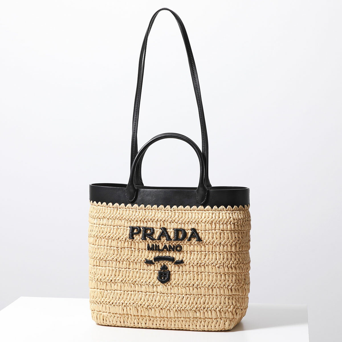 プラダ ハンドバッグ（レディース） PRADA プラダ かごバッグ 1BG500 GOO 2M2Q レディース トートバッグ ハンドバッグ クロシェ レザー ロゴ刺繍 鞄 F0I55/NATURALE+NERO