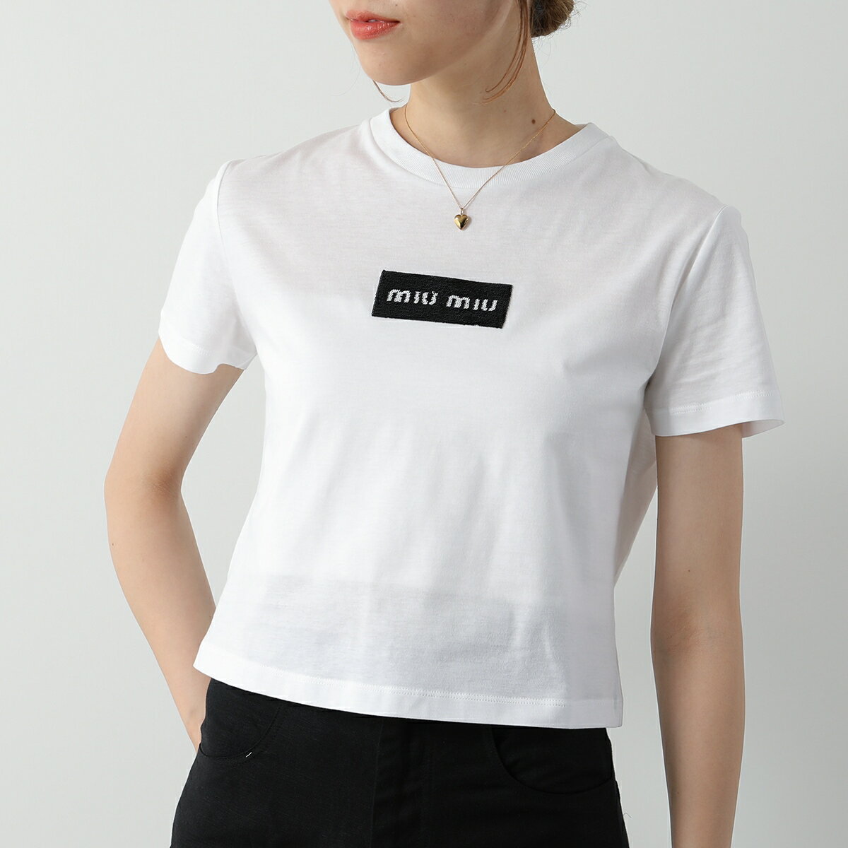 MIUMIU ミュウミュウ Tシャツ MJN495 14AT レディース ロゴT 半袖 カットソー スパンコール クルーネック クロップド丈 コットン F0009/BIANCOのサムネイル