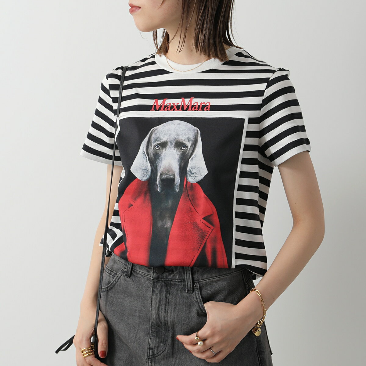 MAX MARA マックスマーラ 半袖 Tシャツ ROSSO レディース カットソー ボーダー コットン ドッグプリント 犬 ロゴ クルーネック 003/VANIGLIAのサムネイル
