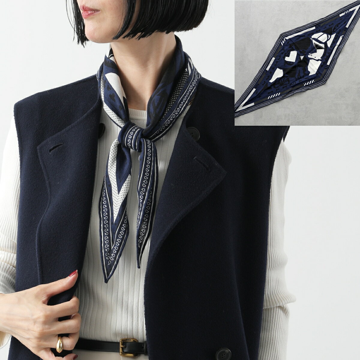 HERMES エルメス スカーフ ロザンジュ ミニ LOSANGE メンズ カシミヤ シルク カシシル ストール ひし形 総柄 ロゴ ケース付き ダークネイビーのサムネイル