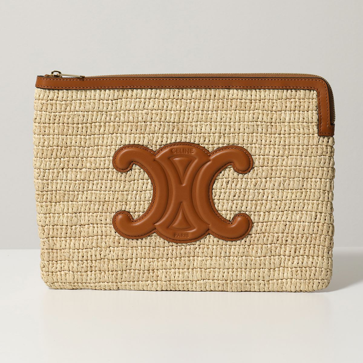 CELINE セリーヌ 10D672CEW.02NT Small Pouch スモールポーチ ラフィア×レザー クラッチバッグ トリオンフ かご カゴバッグ 鞄 02NT/Natural-Tan レディースのサムネイル
