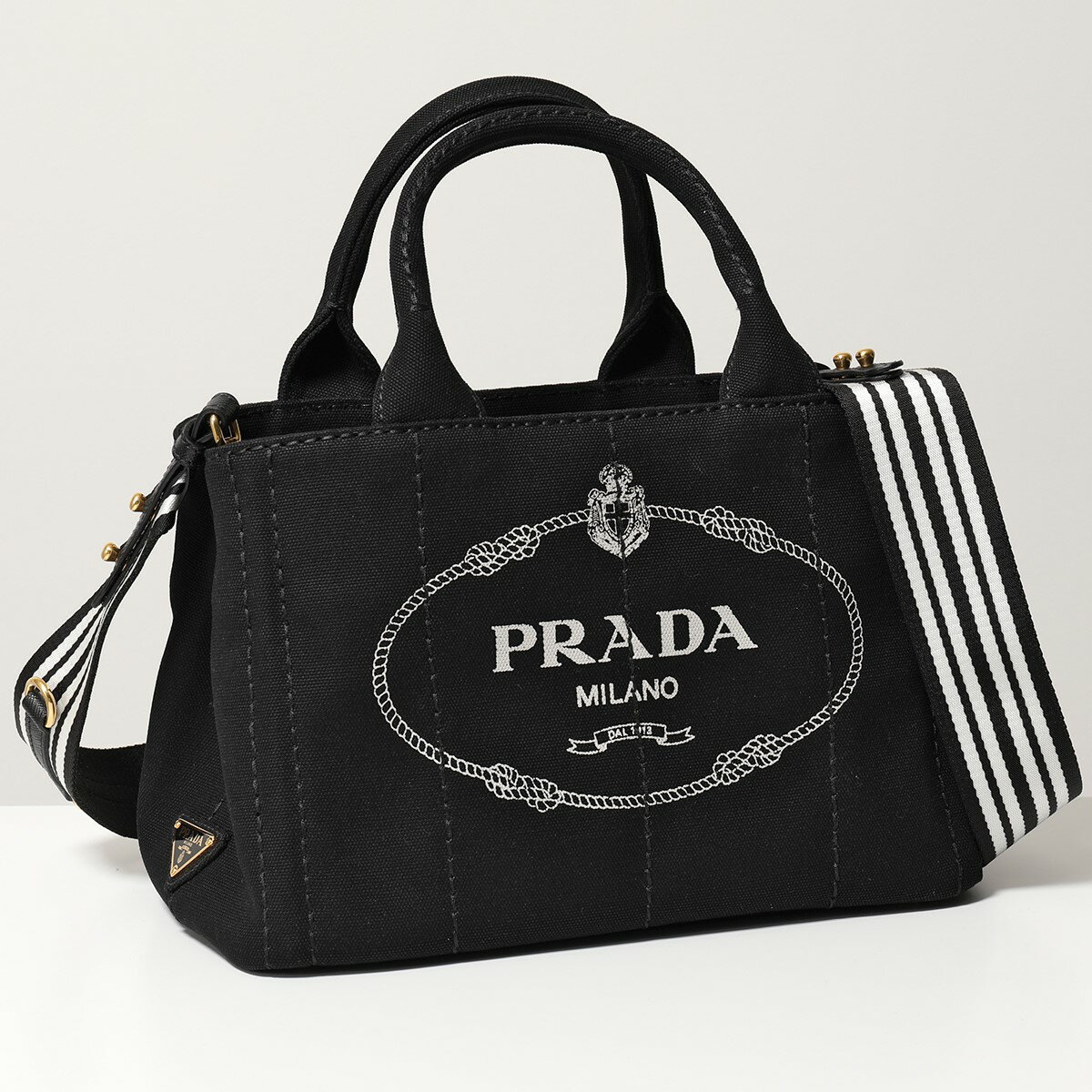 PRADA プラダ 1BG439 ZKI F0N12 V ROO CANAPA カナパ スモール トート キャンバス ストライプ ショルダーバッグ NERO+TALCO 鞄 レディースのサムネイル