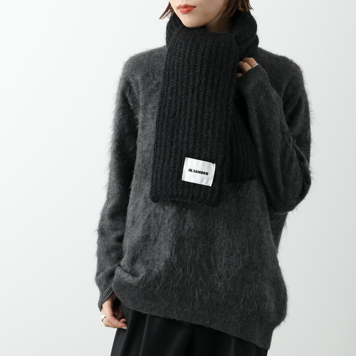 【4/18～4/20限定ポイント3倍】JIL SANDER ジルサンダー マフラー J22ZZ0127 J14716 レディース モヘア混ウール ニット リブ編み ロゴ 001/BLACK 【po_sannn】