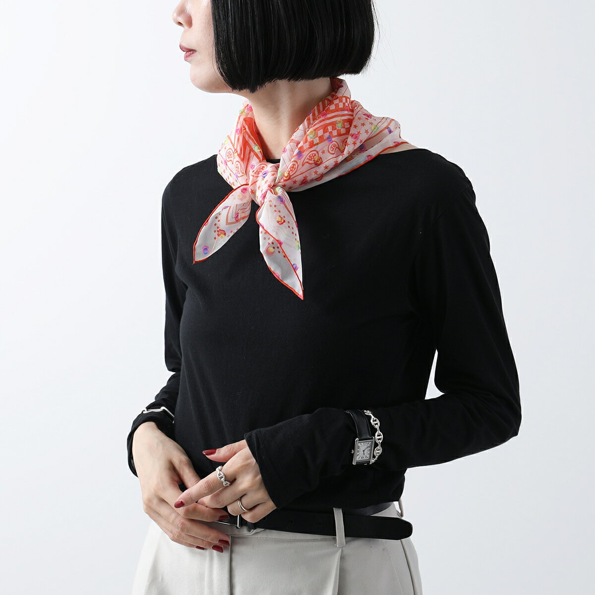 レディース　ファッション　小物　スカーフ　柄　かわいい　Y2K 平成　ワンポイント 島 韓国 チェック柄 オレンジ レトロ ヘア バンド スクエア スカーフ ネクタイ チューブ トップ ベルト ターバン ヘッド