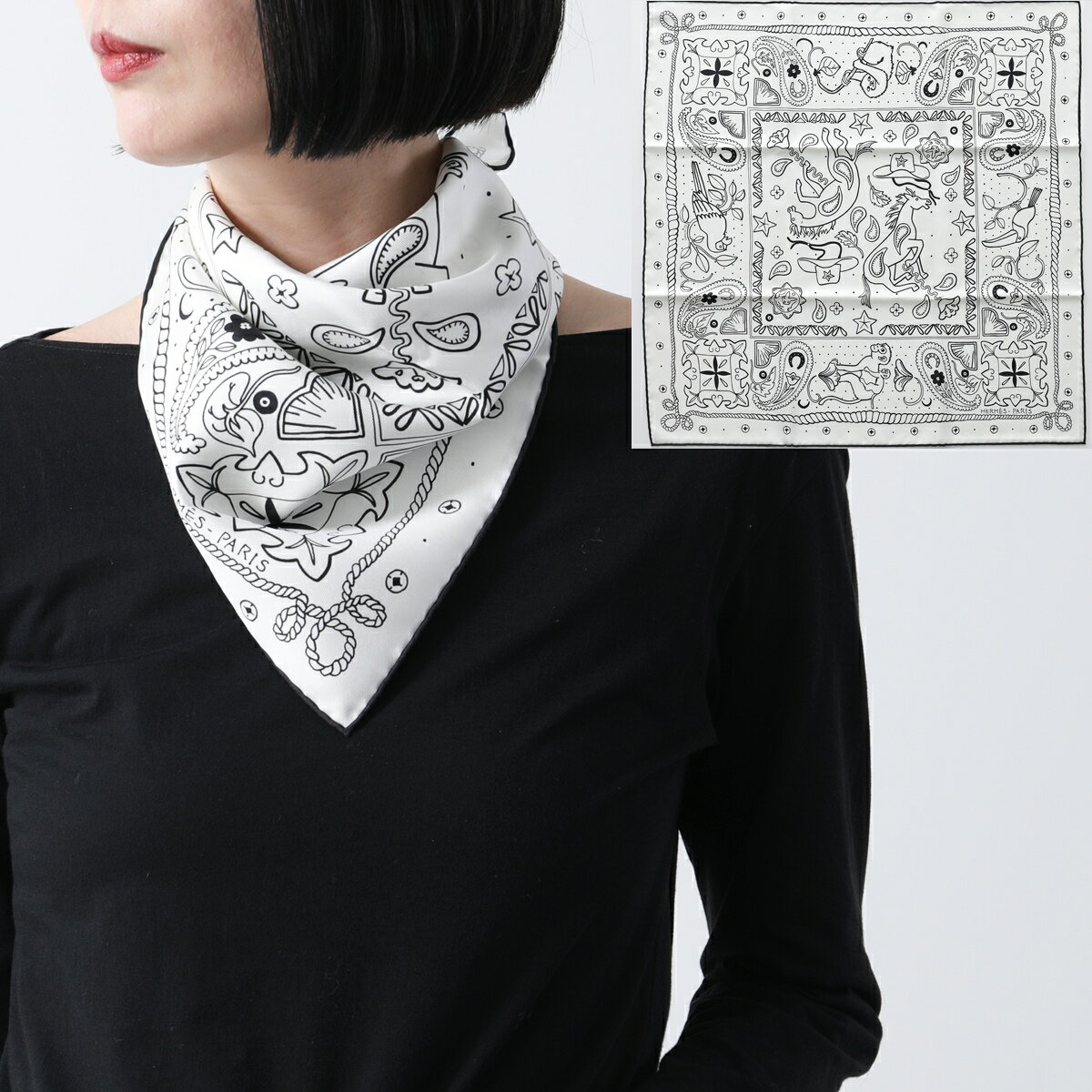 HERMES エルメス スカーフ CARRE カレH 55×55 044100S レディース シルク アニマル・バンダナ ストール ロゴ ケース付き 09-HG/BLANC/NOIRのサムネイル
