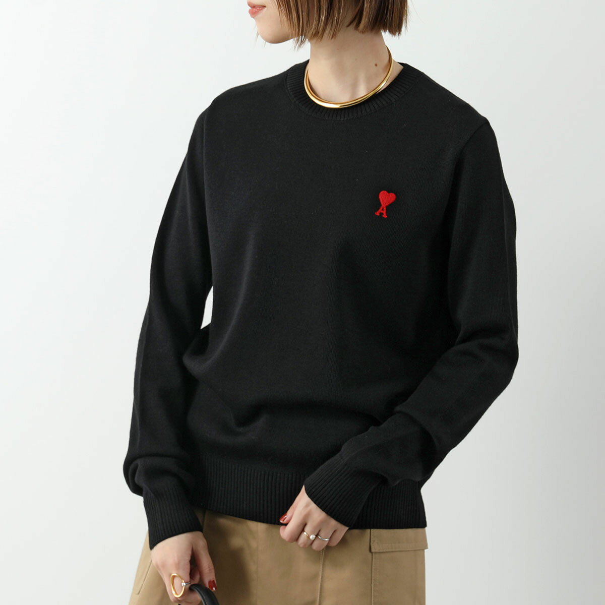 ami paris アミパリス セーター HKS826.001 BFHKS001 001 レディース ニット 長袖 ハートロゴ刺繍 クルーネック ウール 001/NOIR