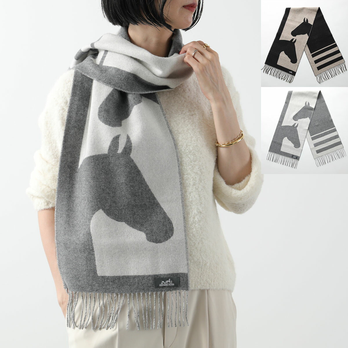 HERMES エルメス マフラー 140×30 ラブストーリー H254043S レディース カシミヤ バイカラー ストール フリンジ ロゴタグ カラー2色のサムネイル