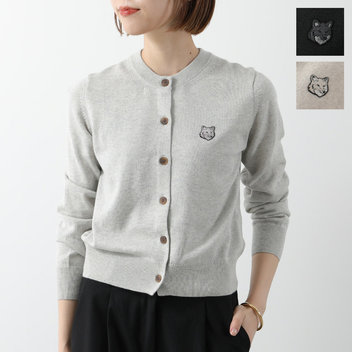 MAISON KITSUNE メゾンキツネ カーディガン MW00508KT1036 レディース 長袖 ウール クルーネック フォックスヘッド刺繍パッチ P199/BLACKのサムネイル