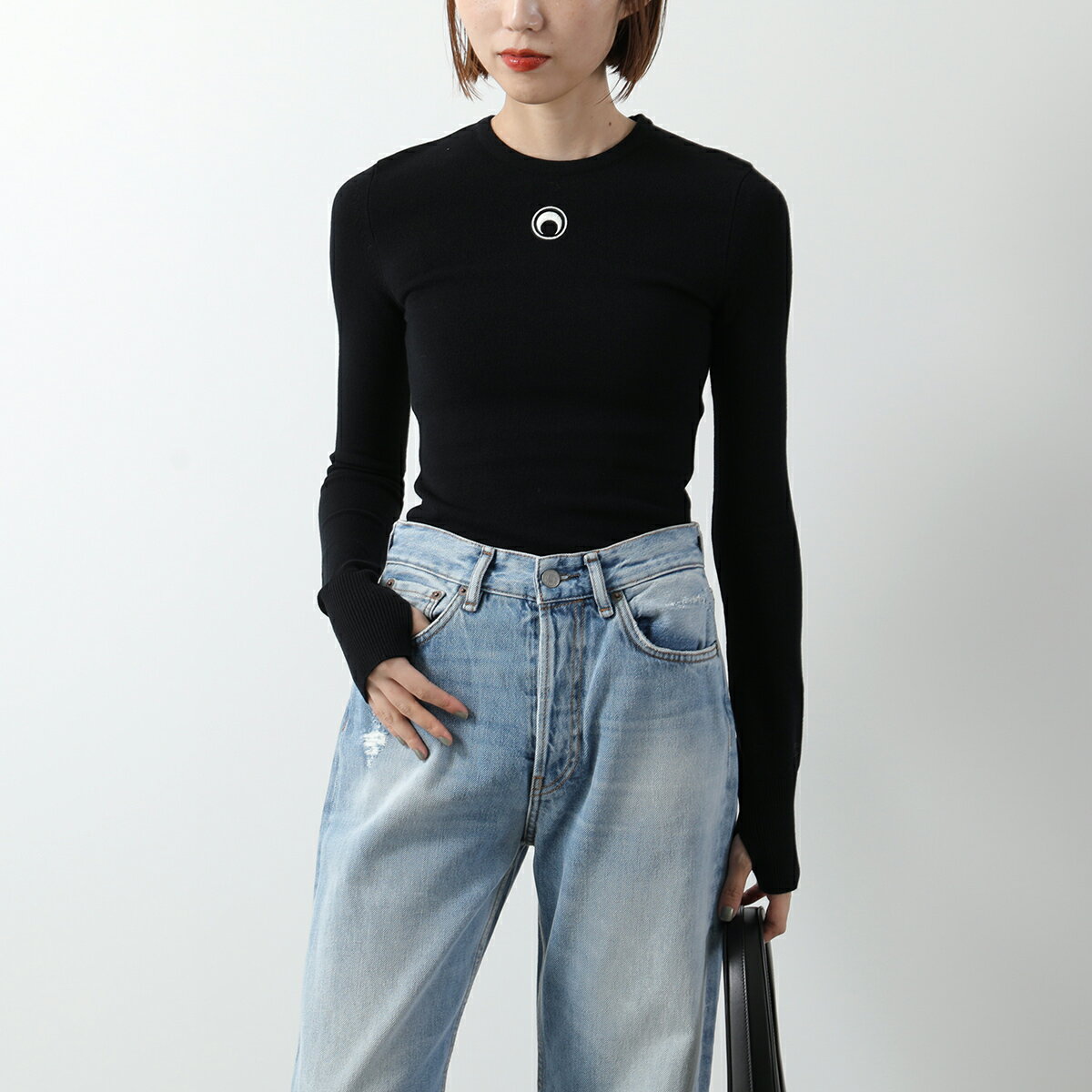 Marine Serre マリーン セル セーター Moon Logo Knit Fitted Sweater WTK014A CKNI0511 レディース ニット 三日月 クルーネック 長袖B K99/BLACK