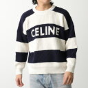 CELINE セリーヌ セーター 2ADCW481Y.01YV メンズ コットン ニット ボーダー ロゴ 長袖 オーバーサイズ クルーネック ホワイト×ネイビー...