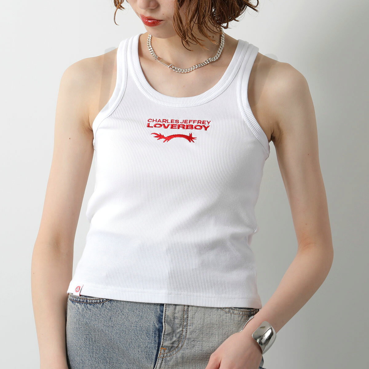 CHARLES JEFFREY LOVERBOY チャールズジェフリーラバーボーイ タンクトップ 54080403 レディース リブ コットン ノースリーブ ロゴ 刺繍 WHITE-AND-RED