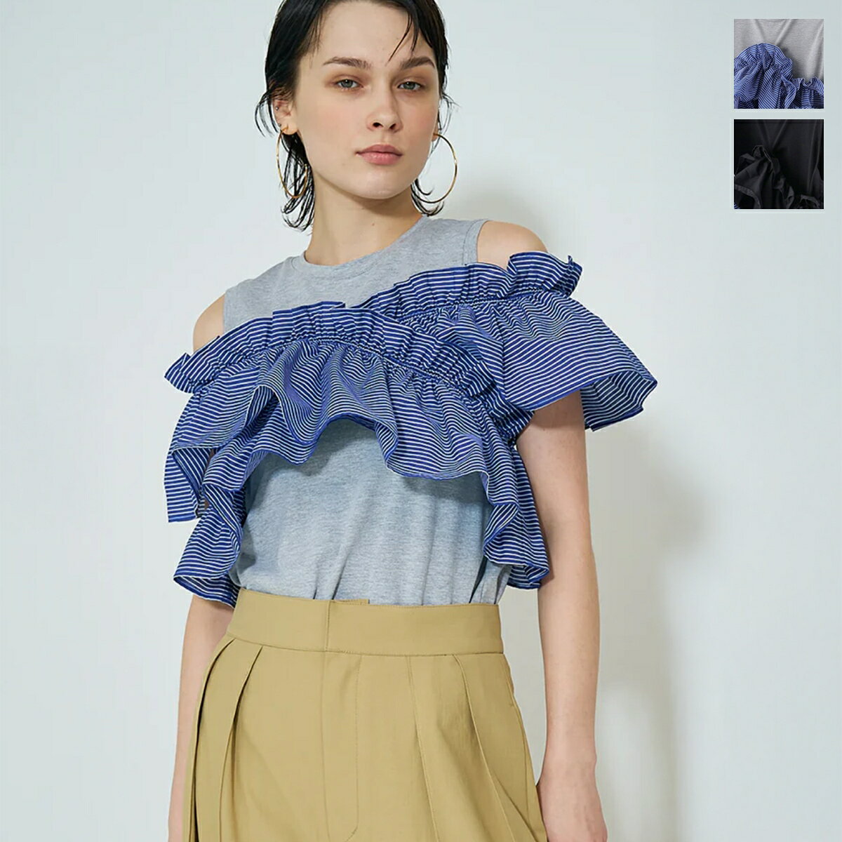 Mewl ミュール カットソー M252-83185 レディース フリル ストライプ ドッキング マルチWAY オフショル..