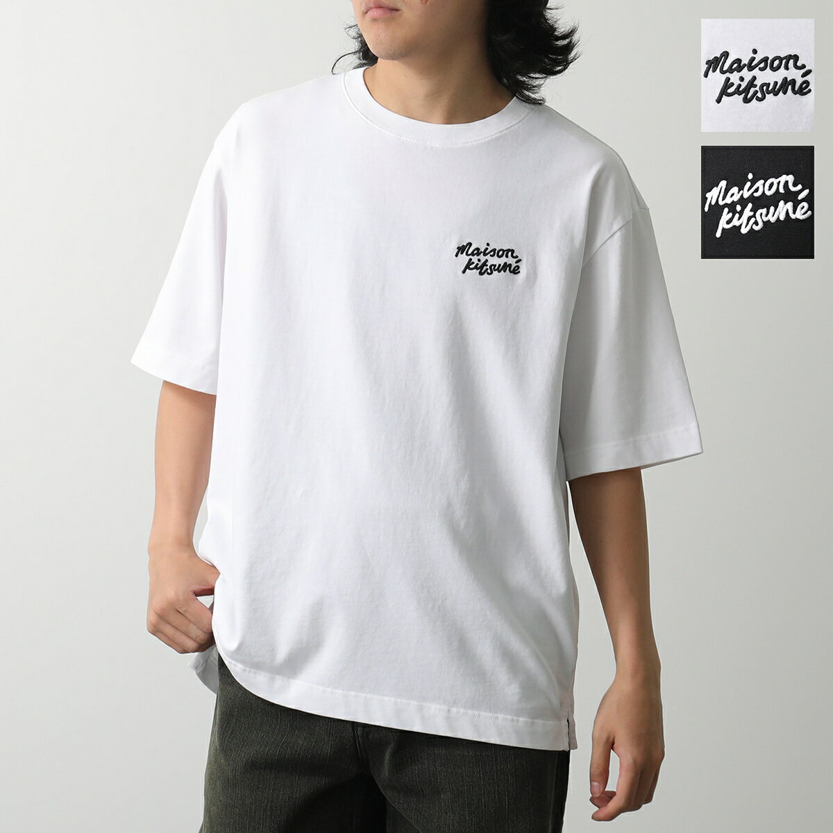 MAISON KITSUNE メゾンキツネ Tシャツ HANDWRITING ハンドライティング オーバーサイズ OM00123KJ0119 メンズ 半袖 コットン ロゴ刺繍 クルーネック カットソー カラー2色