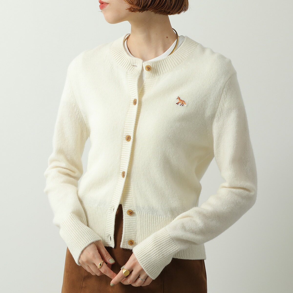 MAISON KITSUNE メゾンキツネ カーディガン PW00506KT1006 レディース ウール ニット クルーネック ベイビー フォックス 刺繍パッチ 0383/ECRU