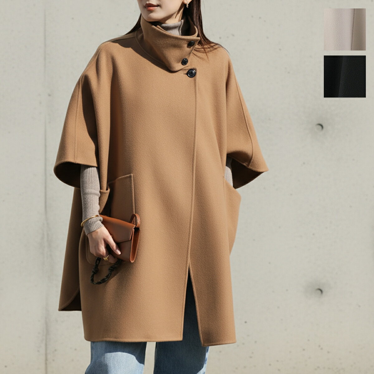 CLOCHE クロシェ リバーコート 84504 レディース ポンチョ ケープ ウール混 スタンドカラー ミディ丈 カラー3色のサムネイル